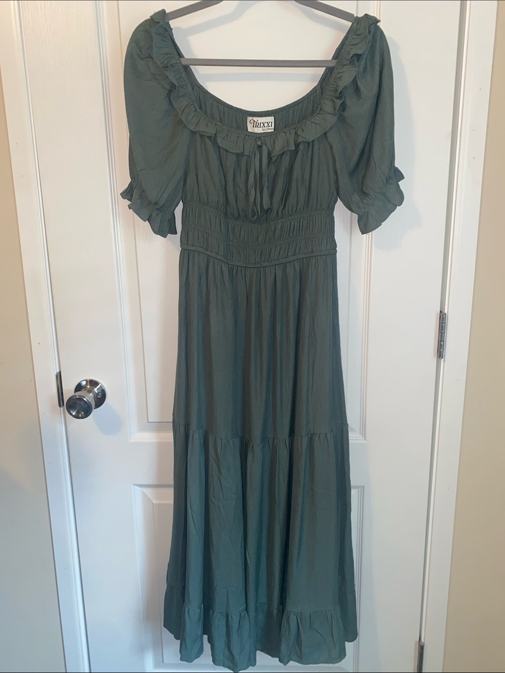 Trixxi Dark Olive Ruffle-Smocked Maxi Dress
